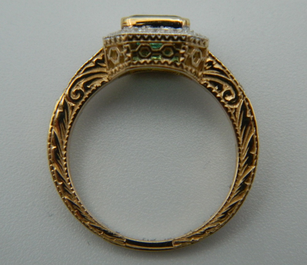 An Art Deco style 9 ct gold, emerald and diamond ring with diamond set shoulders and engraved shank. - Image 7 of 9