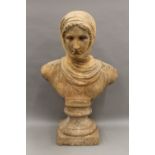 A 19th century terracotta bust, entitled ''Vestalis''. 72 cm high.