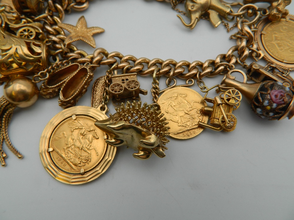 A 9 ct gold charm bracelet, set with various gold coins, including two sovereigns. 218. - Image 3 of 20