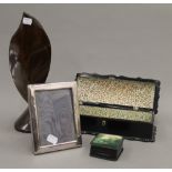 A mother-of-pearl inlaid glove box, a treen vase, etc. The former 27 cm wide.