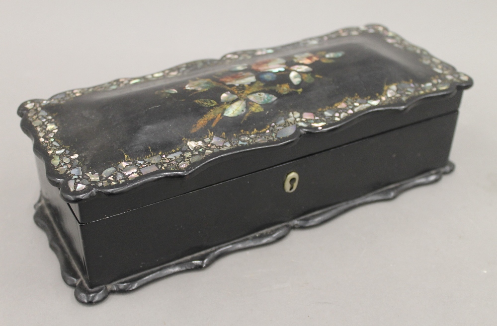 A mother-of-pearl inlaid glove box, a treen vase, etc. The former 27 cm wide. - Image 9 of 10