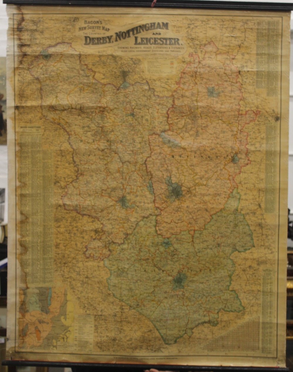 Bacon's New Survey Map of The Counties of Derby, Nottingham and Leicester. 91.5 cm wide. - Image 3 of 4