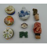 A quantity of miscellaneous items, including enamel boxes, snuff bottle, jade dragon, etc.
