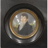 A 19th century miniature on ivory of a young gentleman in a mountainous landscape,