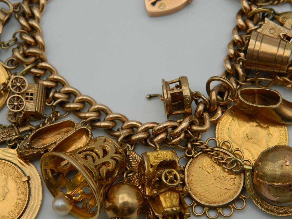 A 9 ct gold charm bracelet, set with various gold coins, including two sovereigns. 218. - Image 16 of 20