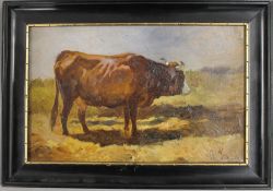 ANTON SCHRODL (1823-1906) Austrian, Cow, oil, monogrammed, framed. 27.5 x 17 cm.