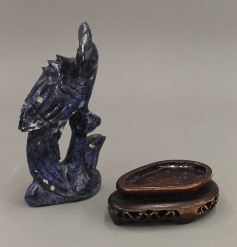 A pair of Chinese carved lapis carved birds, on stands. The largest 16 cm high overall. - Image 9 of 9