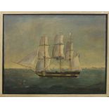 Oil on canvas, a French Three Masted Ship off a Coastline, framed. 81 x 65 cm.