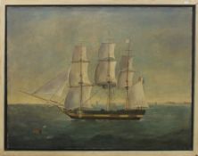 Oil on canvas, a French Three Masted Ship off a Coastline, framed. 81 x 65 cm.