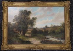 R PERCY, Landscape with Stream and Figures, oil on canvas, framed. 72 x 50 cm.