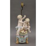 A Continental bisque porcelain table lamp formed as cherubs. 58 cm high overall.