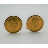 A pair of 14 ct gold and gold coin set cufflinks. 2 cm diameter. 15.5 grammes total weight.