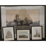 A quantity of Ely Cathedral prints, framed and glazed. The largest 76.5 cm wide overall.