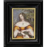 A 19th century miniature portrait on ivory of a young lady, framed and glazed. 8 x 11 cm.
