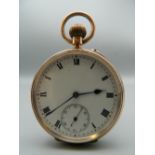 A 9 ct gold pocket watch. 4.5 cm diameter. 80.4 grammes total weight.