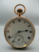 A 9 ct gold pocket watch. 4.5 cm diameter. 80.4 grammes total weight.