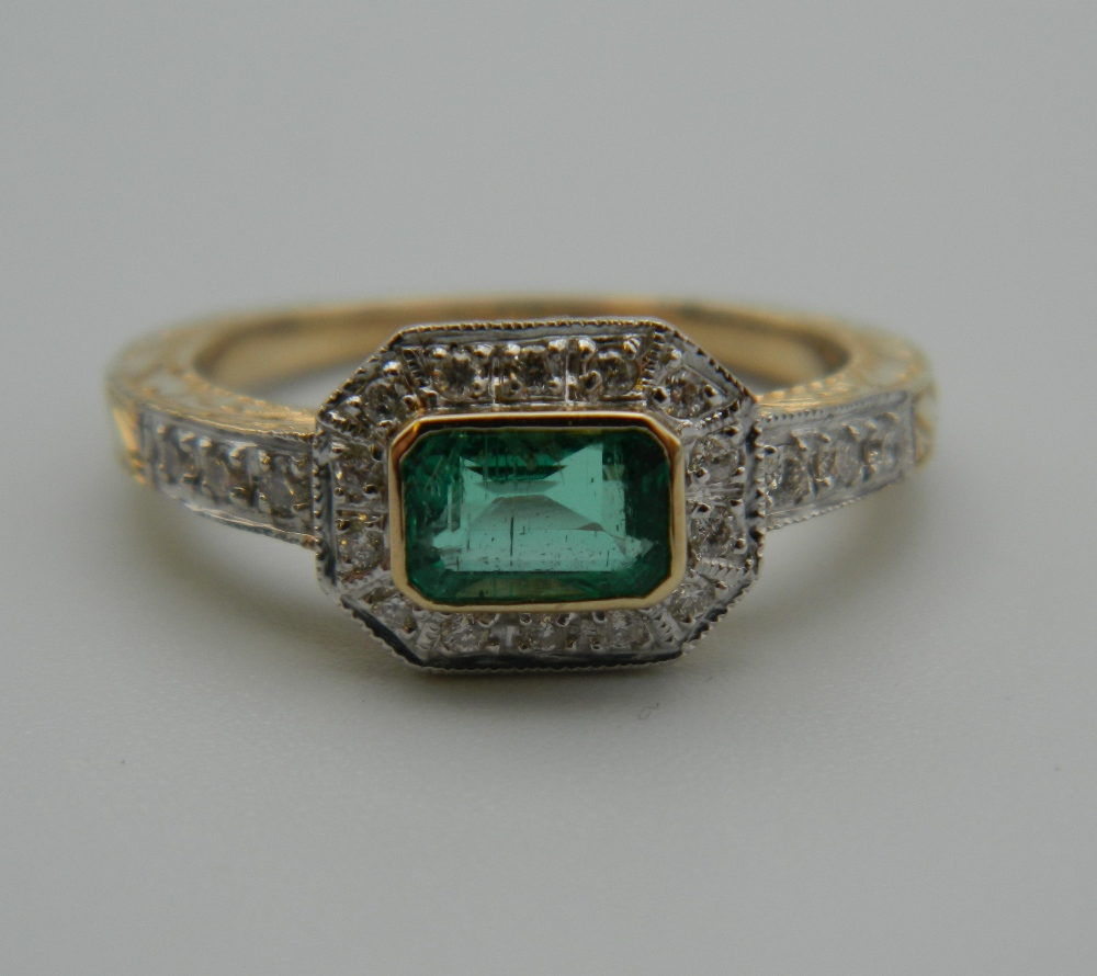 An Art Deco style 9 ct gold, emerald and diamond ring with diamond set shoulders and engraved shank. - Image 8 of 9