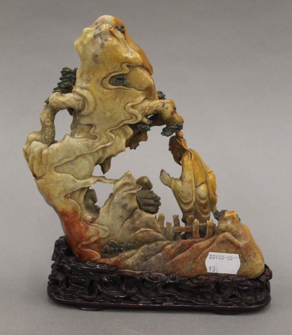 A fine quality Chinese soapstone carving of a scholarly figure and a child in a mountainous - Image 2 of 5