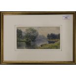 CLAUDE ROWBOTHAM, River Landscape, watercolour, signed, framed and glazed. 22.5 x 12 cm.