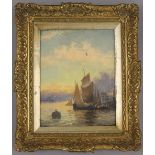 19TH CENTURY SCHOOL, Sailing Boat in a Harbour, oil on board, indistinctly signed, framed. 19 x 24.