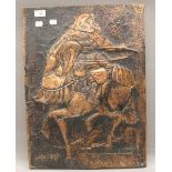 A copper relief panel of a Samurai Warrior on horseback. 41.5 x 56.5 cm.