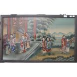 A Chinese rectangular reverse painted glass panel depicting a Noble and Attendants. 94.5 x 58.