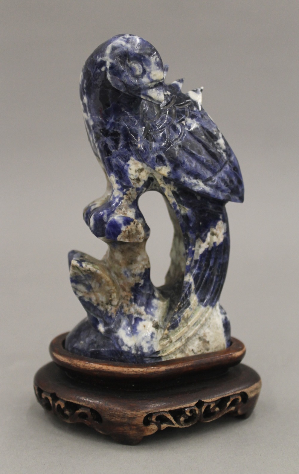 A pair of Chinese carved lapis carved birds, on stands. The largest 16 cm high overall. - Image 2 of 9