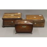 Two 19th century rosewood sewing boxes and a tea caddy. The largest 30 cm wide.