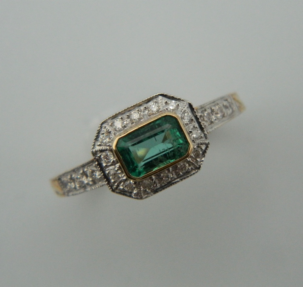 An Art Deco style 9 ct gold, emerald and diamond ring with diamond set shoulders and engraved shank. - Image 2 of 9