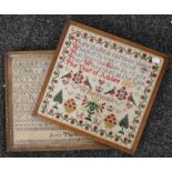 Two Victorian framed samplers, one dated 1868, the other 1887. The latter 33 x 31.5 cm.