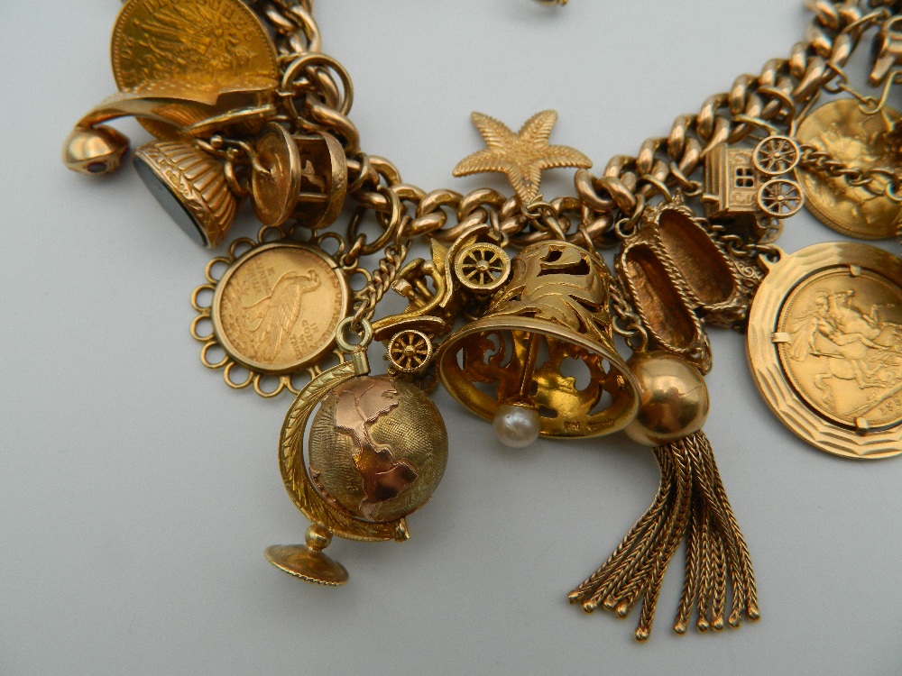 A 9 ct gold charm bracelet, set with various gold coins, including two sovereigns. 218. - Image 4 of 20