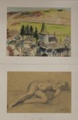 D J LACROIX, Church View, oil and pastel on paper, unsigned,