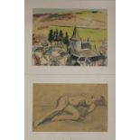 D J LACROIX, Church View, oil and pastel on paper, unsigned,