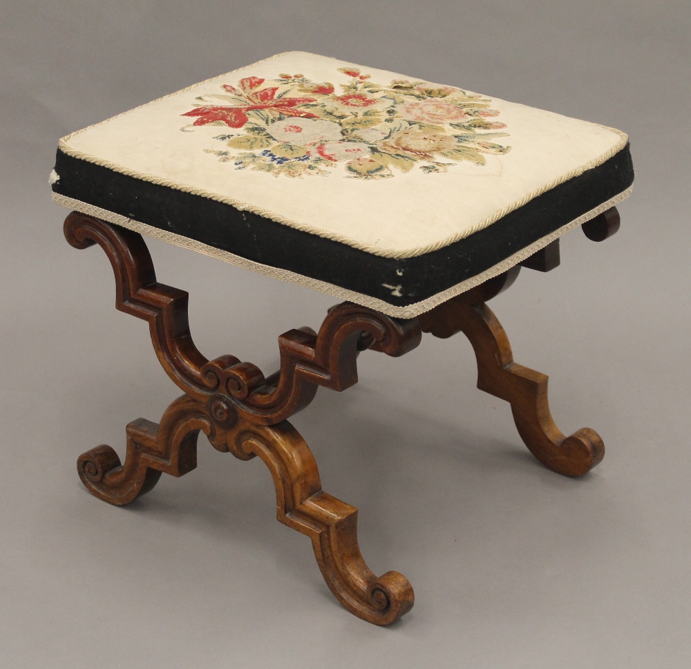 A matched pair of Victorian tapestry covered rosewood x-frame stools. - Image 10 of 13