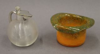 A silver plate mounted ribbed glass jug and a Vasart glass vase. The former 7 cm high.