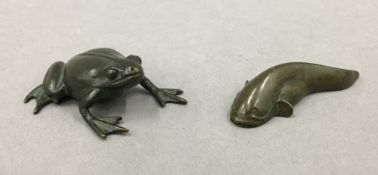 A Japanese bronze model of a frog and another of a fish. The former 4.5 cm long.