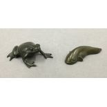 A Japanese bronze model of a frog and another of a fish. The former 4.5 cm long.