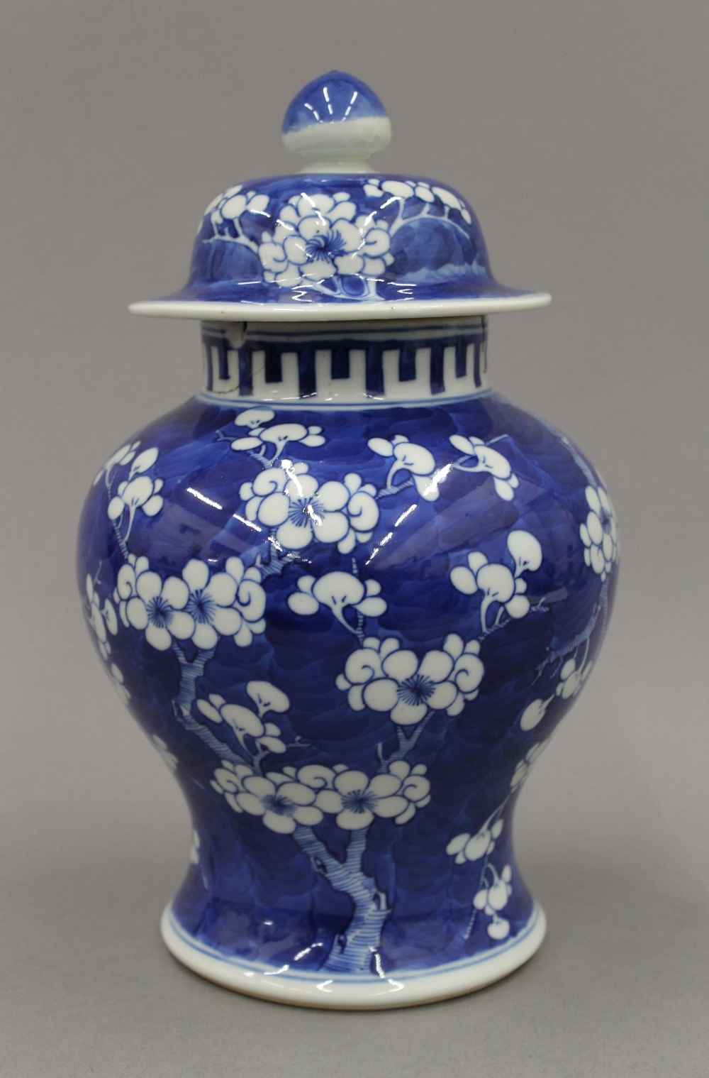 Two 19th century Chinese blue and white 'prunus blossom' vases and covers. The tallest 28 cm high. - Image 8 of 22