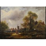 An early 19th century oil on panel, Figures Before a River with a Windmill in the background,