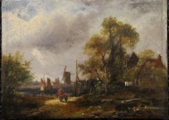 An early 19th century oil on panel, Figures Before a River with a Windmill in the background,