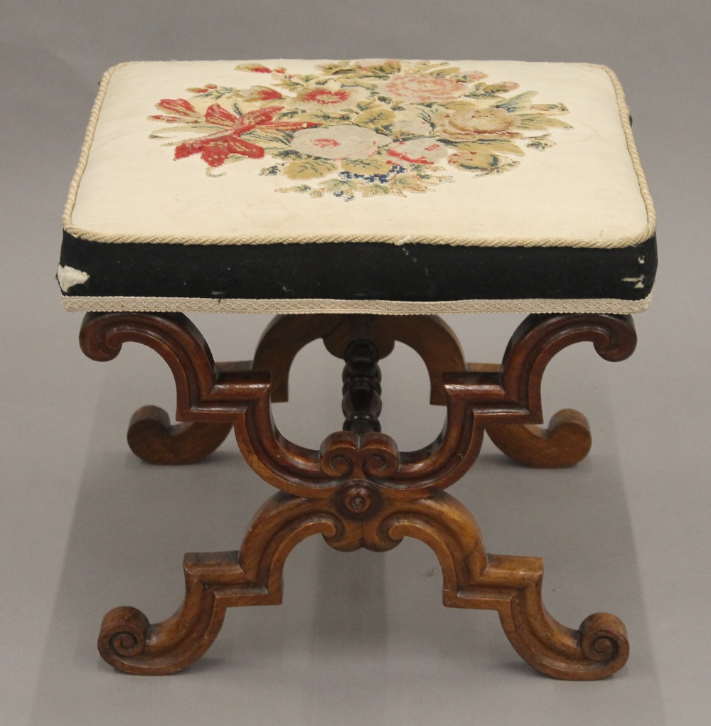 A matched pair of Victorian tapestry covered rosewood x-frame stools. - Image 9 of 13