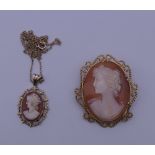 A 9 ct gold framed cameo brooch and a 9 ct gold framed cameo pendant on a 9 ct gold chain.