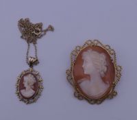 A 9 ct gold framed cameo brooch and a 9 ct gold framed cameo pendant on a 9 ct gold chain.