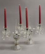 A pair of twin branch cut glass candelabra. 36.5 cm high.