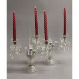 A pair of twin branch cut glass candelabra. 36.5 cm high.