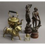 A pair of spelter figures (the largest 38 cm high), a brass bull, etc.