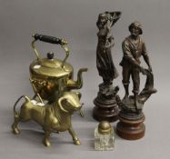 A pair of spelter figures (the largest 38 cm high), a brass bull, etc.