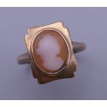 A Victorian rose gold cameo ring. Ring size L. 2.8 grammes total weight.