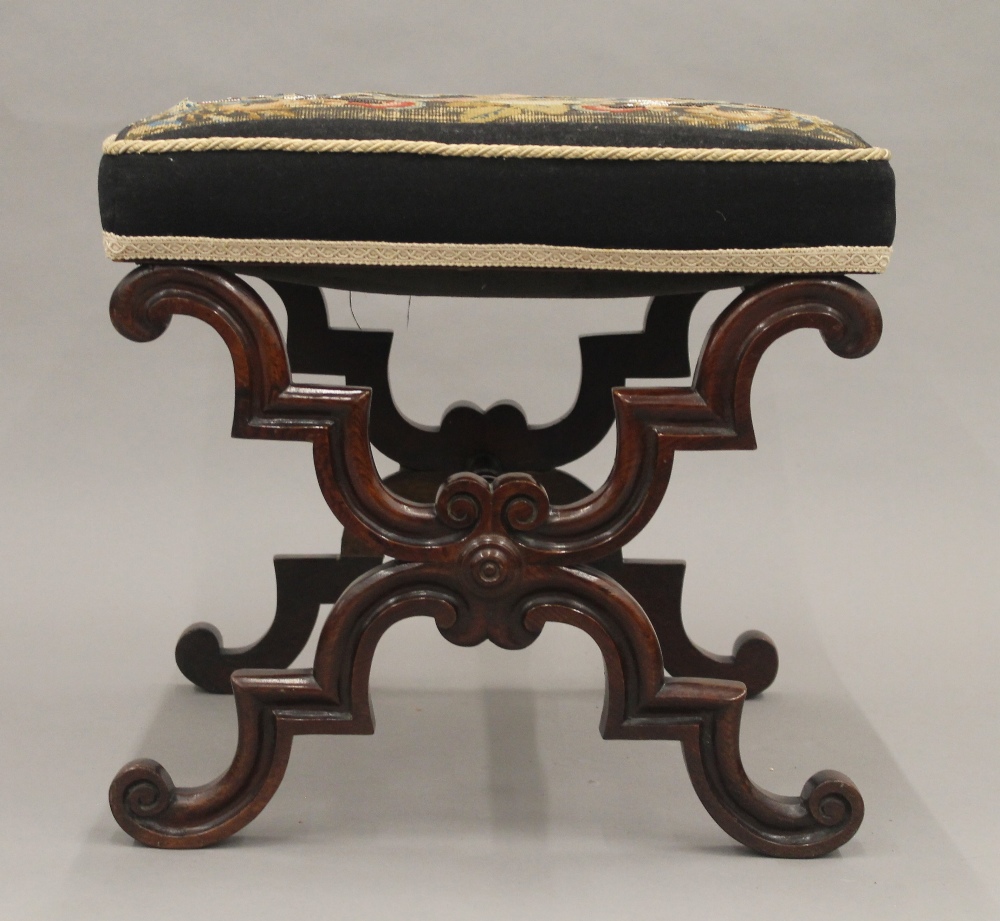 A matched pair of Victorian tapestry covered rosewood x-frame stools. - Image 2 of 13