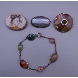 A vintage agate bracelet; together with three silver agate brooches.